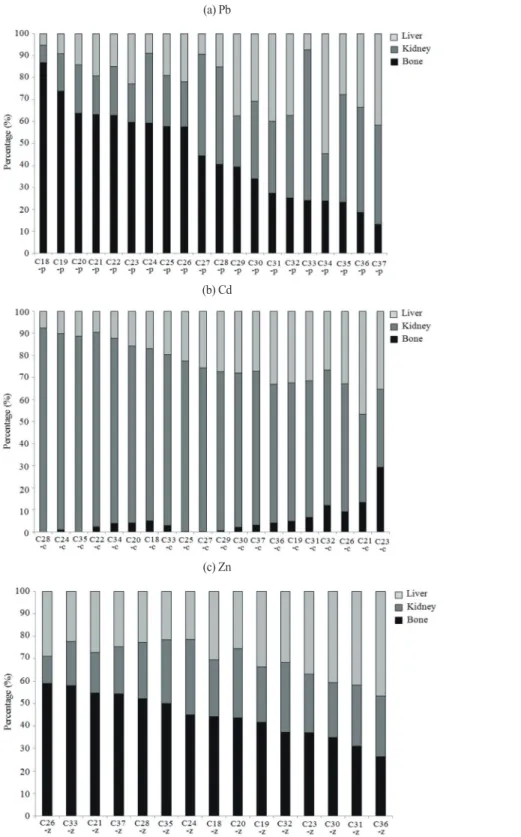 Figure 4.  The lead (Pb), Cadmium (Cd), and Zinc (Zn) concentration ratios of other birds’ tissues in reviewed papers (Deng et al