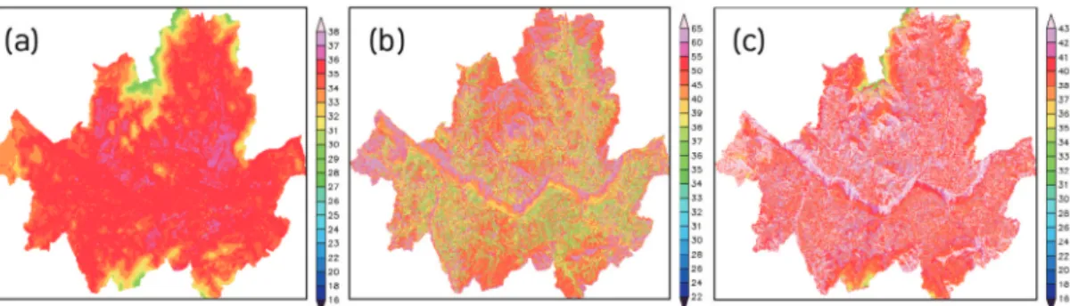 Figure 3.  (a) Temperature distribution (TD’), (b) mean radiant temperature (T mrt ), and (c) perceived temperature (PT) over the Seoul city area on 12:00 LST 5 Aug