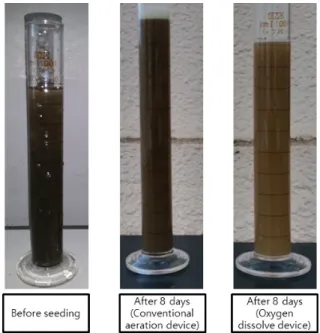 Fig.  12.  Change  of  microorganisms  color  for  oxygen  dissolve  device  and  conventional  aeration  device  with  operating  time.