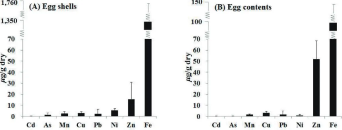 Figure 1.  The comparison of average heavy metal concentrations between egg shells and contents