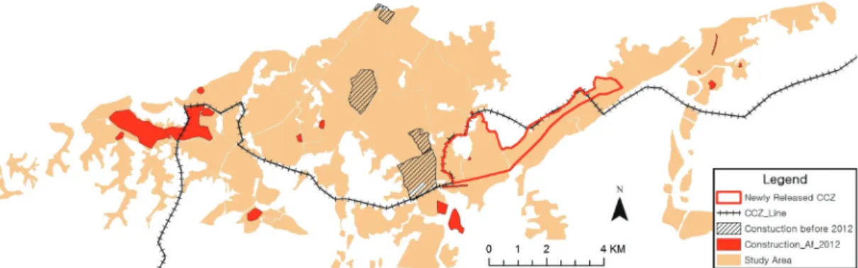 Figure 1.  Map of the study area. The map contains the newly released area from CCZ and construction area from 2009 to 2014.