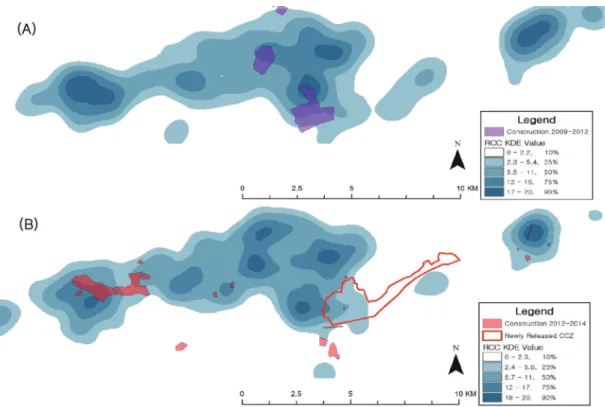 Figure 2.  Distribution of the Red-crowned Crane’s KDE value and construction area before (A) and after (B) 2012.
