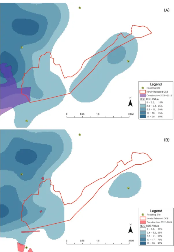 Figure 4.  Change of the core area in the Red-crowned Crane before (A) and after (B) released from the CCZ.