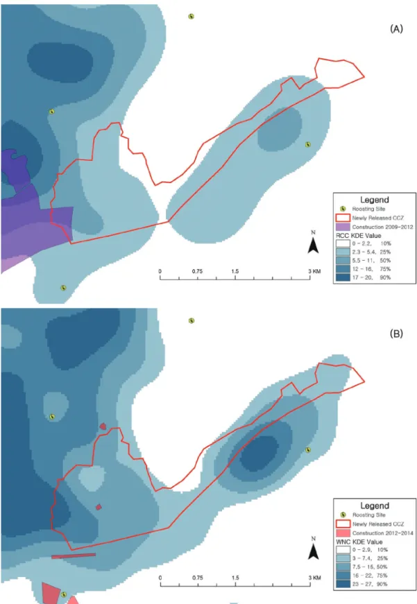 Figure 5.  Change of the core area in the White-naped Crane before (A) and after (B) released from the CCZ.