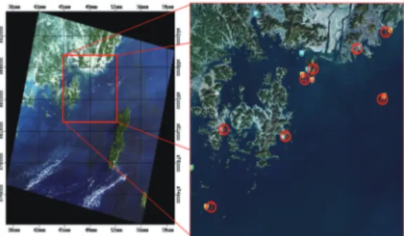 Fig. 1.  Study area(path/row; 114-36) and observation sites of in-situ surface temperature
