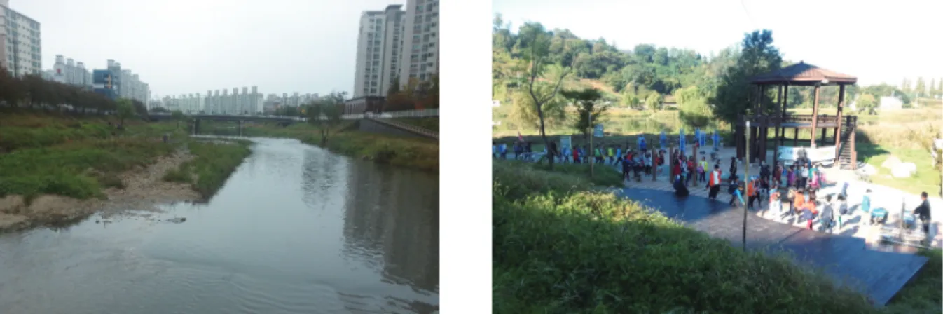 Figure 9.  Downstream view(Left) and survey point(Right) of Jeonjucheon(2014.10.)