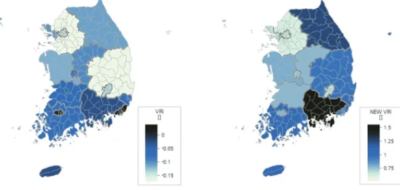 Figure 5.  Horizontal distributions of VRI (Vulnerability-Resilience Index) calculated a) without, and b)with applying weighting factors of climate exposure proxy variables.