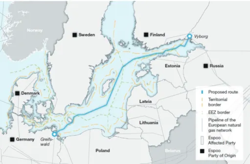 Figure 2.  Gas pipe line route and countries participated in Nord Stream project (Nord Stream, 2009)