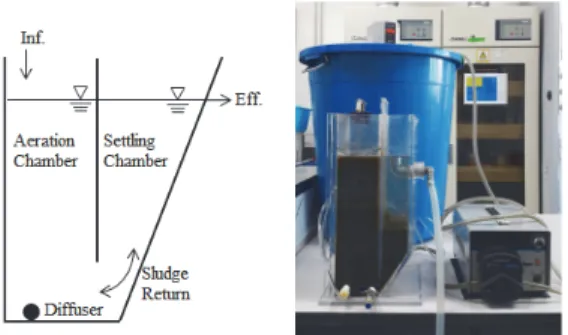 Fig. 1. Experimental apparatus for CSTR석을 실시하였다.2.2.  산소섭취율  측정 미생물의 용존산소 소비에 영향을 주는 주요 인 자는 유기물의 생분해도와 독성물질이다