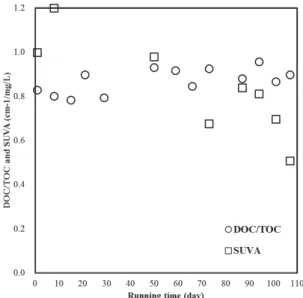 Fig. 3. Variation of DOC/TOC ratio and SUVA in drinking  water source. 상수원수내 용존유기탄소/총유기탄소 비는 0.78~  0.96  범위로 나타나 총유기탄소의 대부분이 용존상 태로 존재함을 알 수 있다