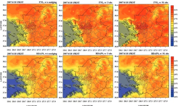 Fig. 2.  Surface Temperature fields by different modeling cases at 15:00 KST 15 June 2007