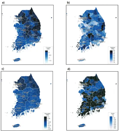 Figure 3.  Spatial distributions of calculated VRI by employing four different standardization methods;
