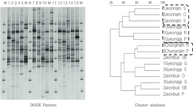 Fig. 3. Analysis of Denaturing Gradient Gel Electrophoresis(DGGE)  pattern and Cluster of soil fungus.