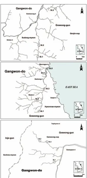 Figure 1.  Map showing the studied area. Each map shows three streams where surveyed in Nam-gang(top), Baebong-cheon(middle), and Buk-cheon(bottom).