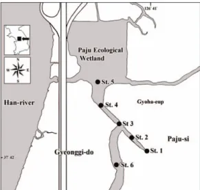 Fig. 1.  A map showing the 6 sampling sites at Paju ecological wetland from August 2010 to May 2011.