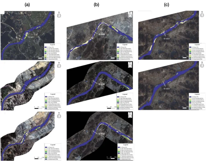 Fig. 3. River habitat diversity maps before weir construction(upper), before weir opening (middle) and after weir opening(lower) in the SJ (a),  GJ (b), BJ (c) weirs.