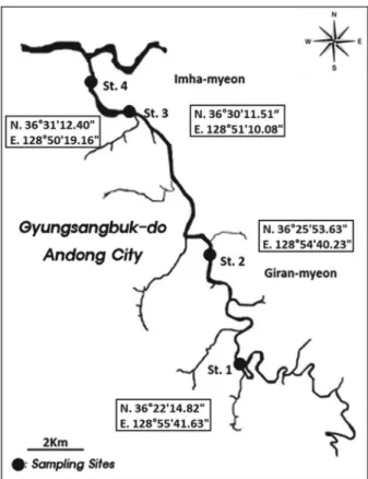 Fig. 1. Map of sampling sites in the Giran stream, Andong city,  South Korea.
