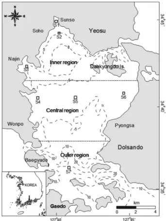 Fig. 1. Map showing the sampling stations in Gamak Bay from  January to December 2006.