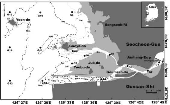 Fig. 1. Map of the bathymetric and sampling stations in the Geum river estuary.