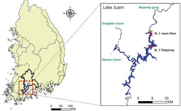 Fig. 1. Location of Lake Juam and the sampling sites in Lake Juam.