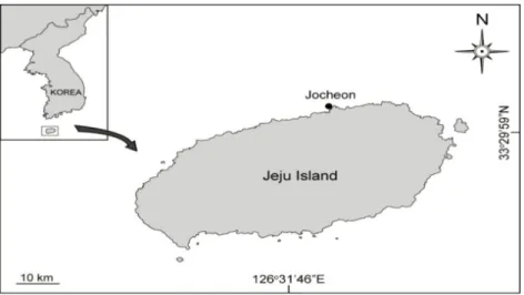 Fig. 1. Map of the sampling site at Jocheon, Jeju Island, Korea. Closed circles represent the population distribution of Sargassum macro­