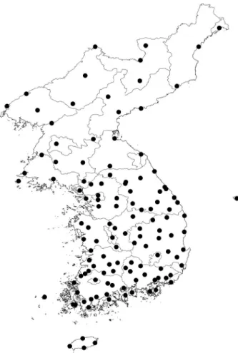 Fig. 1. Locations of weather stations for estimation of mean an- an-nual extreme minimum temperature of the Korean peninsula.