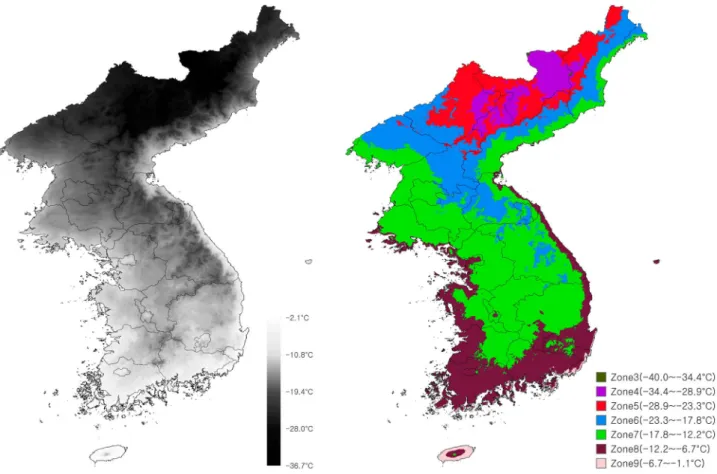 Fig. 3. Estimated mean annual extreme minimum temperature (left) and plant hardiness zone map (right) of the Korean peninsula.
