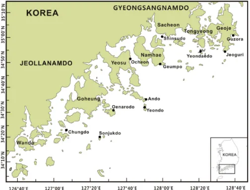 Fig. 1. The maps showed to sampling stations in the coastal waters of South Sea, Korea during the early summer of 2018.