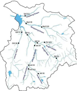 Fig. 1. The map showing the sampling sites (S1-S13) in the wa- wa-tershed of Dongjin-River