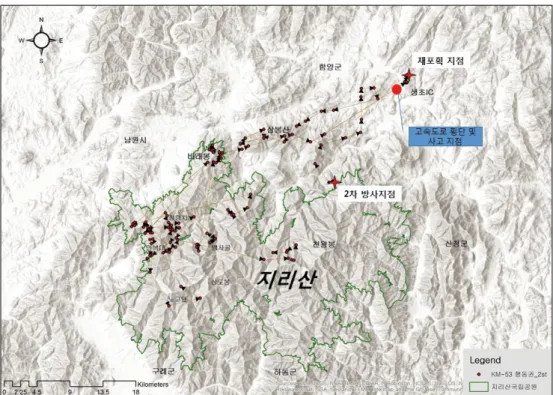 Fig. 3. Moving pathway of the KM-53 in Mt. Sudosan during 3 rd  release. The 3 rd  release was carried out directly in the Mt
