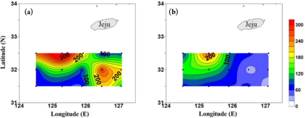 Fig. 12. Spatial distributions of Synechococcus cell abundance ( × 10 3  cells mL -1 ) averaged in surface to 20 m depth in the northern East  China Sea in summer (a) 2016 and (b) 2017.