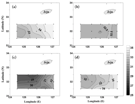 Fig. 3. Surface distributions of mean water temperature ( °C) in the northern East China Sea in (a) winter, (b) spring, (c) summer and (d) au- au-tumn in 2016 and 2017.