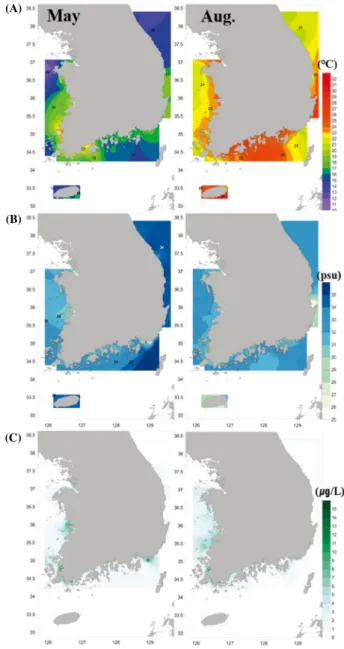 Fig. 2.   Distribution of (A) temperature, (B) salinity, (C) Chl-a con- con-centration in the surface layer of the study area.