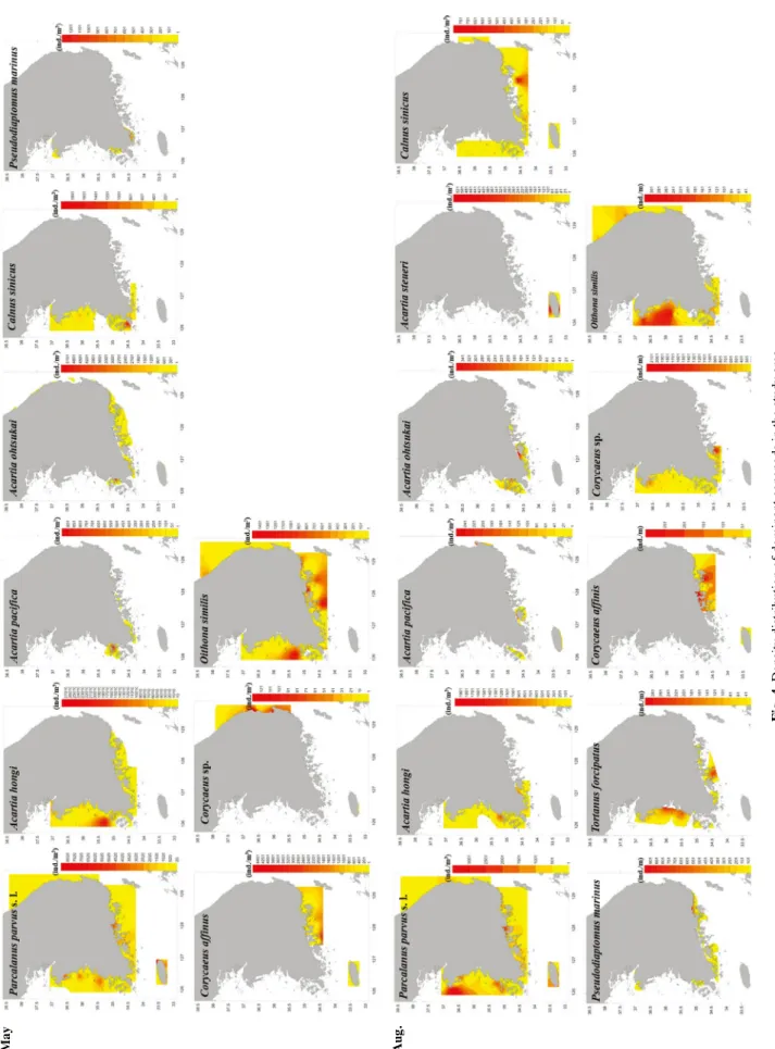 Fig. 4. Density distribution of dominant copepods in the study area.