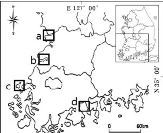Fig. 1.   A map showing the study area and sampling sites on study  area tidal flat (a: Yubu Island, b: Gomso Bay, c: Imja  Is-land, d: Yeoja Bay).