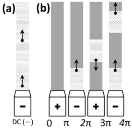 Fig. 7. Schematic diagram of the force acting on a ne- ne-gatively ionized flow volume due to an electric  field produced by: (a) negative DC and (b) AC  energized nozzles.