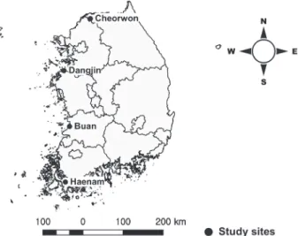 Fig. 1.   Map of study sites. Each point is the center of a circle with  a 1 km. Longitude and latitude (Cheorwon: N 38°12′11″ 