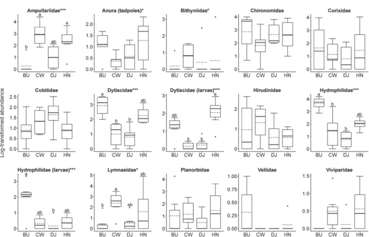 Fig. 6.   Box-plots showing regional differences in the log-transformed abundances of major taxa (BU: Buan; CW: Cheorwon; DJ: Dangjin; 