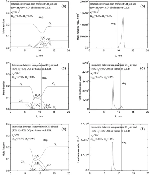 Fig. 2. Profiles of major chemical species and heat release rate on upper and lower lean extinction boundaries  (U.E.B, L.E.B.) with positive and negative flame speeds at a g = 30  s -1 .
