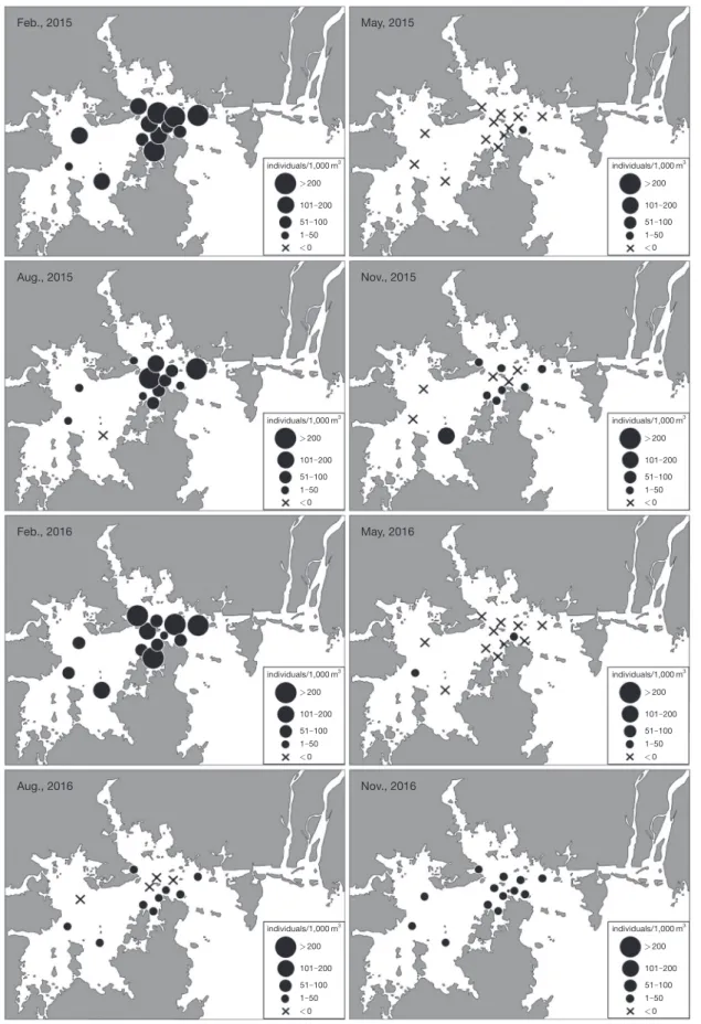 Fig. 4. Spatial distribution of larval fish in Jinhae Bay in 2015 and 2016.Feb., 2015 May, 2015Aug., 2015 Nov., 2015Feb., 2016 May, 2016Aug., 2016 Nov., 2016individuals/1,000m3>200<0101-20051-1001-50individuals/1,000m3>200<0101-20051-1001-50ind