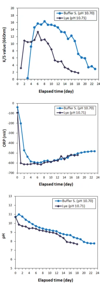 Figure 2. Change of K/S value, ORP, and pH accord- accord-ing  to  the  elapsed  time  usaccord-ing  lye(pH  10.71)  and buffer(pH 10.70) solutions.