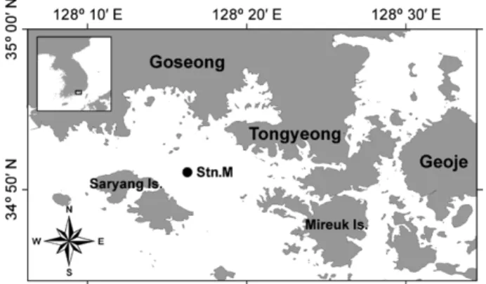 Fig. 1.   Map of the study area and the sampling stations (Stn. M) in  the Tongyeong-Saryang Island (Is.), Korea.