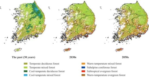 Fig. 1. Result of the future potential forest vegetation distribution using HyTAG (Hydrological and Thermal Analogy Groups) (KEI 2016).