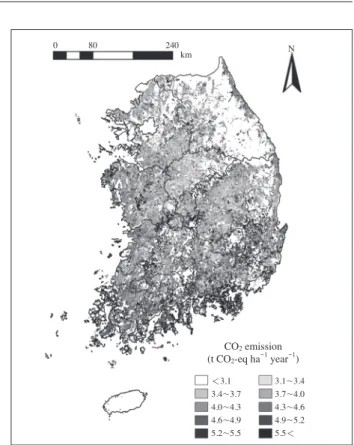 Fig. 4.   Spatial distribution of national CO 2  emission (t CO 2 -eq ha -1 year -1 ) from paddy soil, in the year 2015.