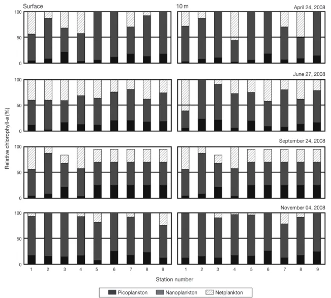 Fig. 3. Spatio-temporal variations of relative ratio for chlorophyll a at surface and 10 m layers in the UMRA.