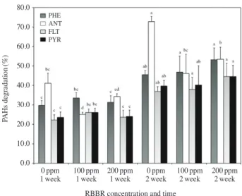 Fig. 3.   Percentage of PAHs degradation after addition of RBBR. 