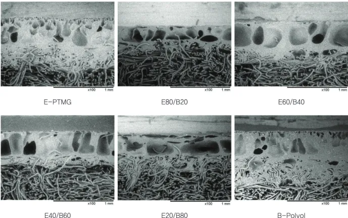 Figure 7. SEM micrographs of wet-type artificial leather based on nonwoven fabrics coated with DMF based polyurethanes.