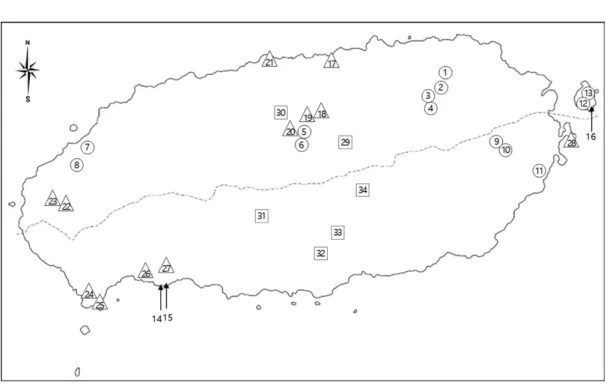 Fig. 1.   Study site map. Circles, arrows, triangles and squares indicate the sites of lava tubes, sea caves, cave encampments and eco-corridors,  respectively