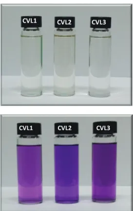 Figure 3. Solid state color change of CVL1-CVL3 (at warm (Top) and cool (Bottom)) with bisphenol-A and methylstearate.
