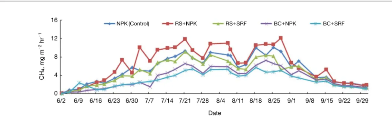 Fig. 4. Changes in CH 4 emission rates from the paddy soils by NPK, RS + + NPK, RS + + SRF, BC + + NPK, and BC + + SRF treatments